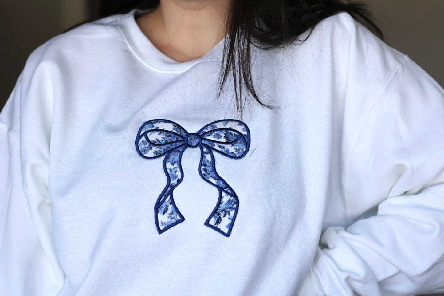 Blue and White Embroidered Bow Sweater
