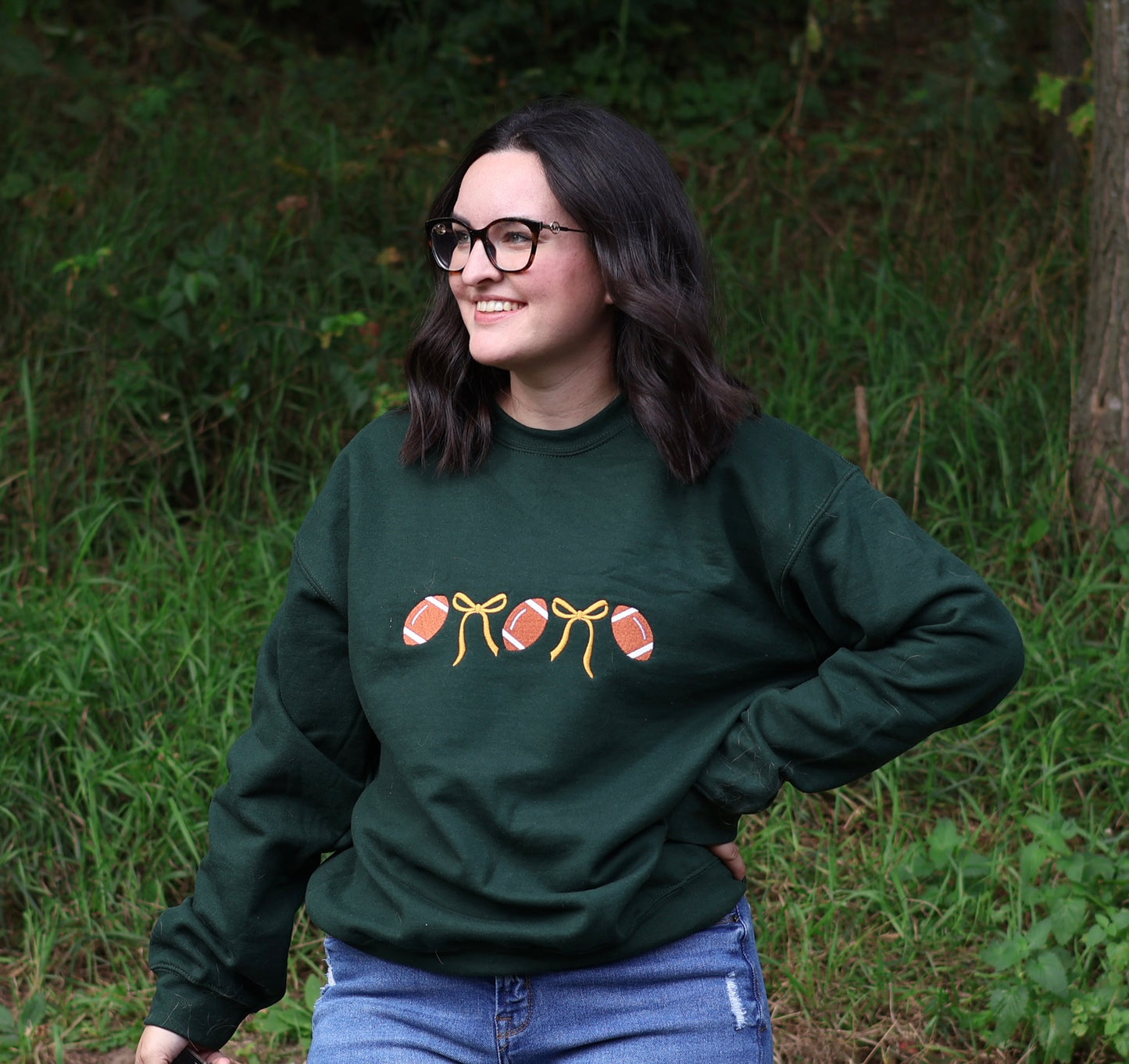 Green and Gold Bow Embroidered Crewneck Sweatshirt