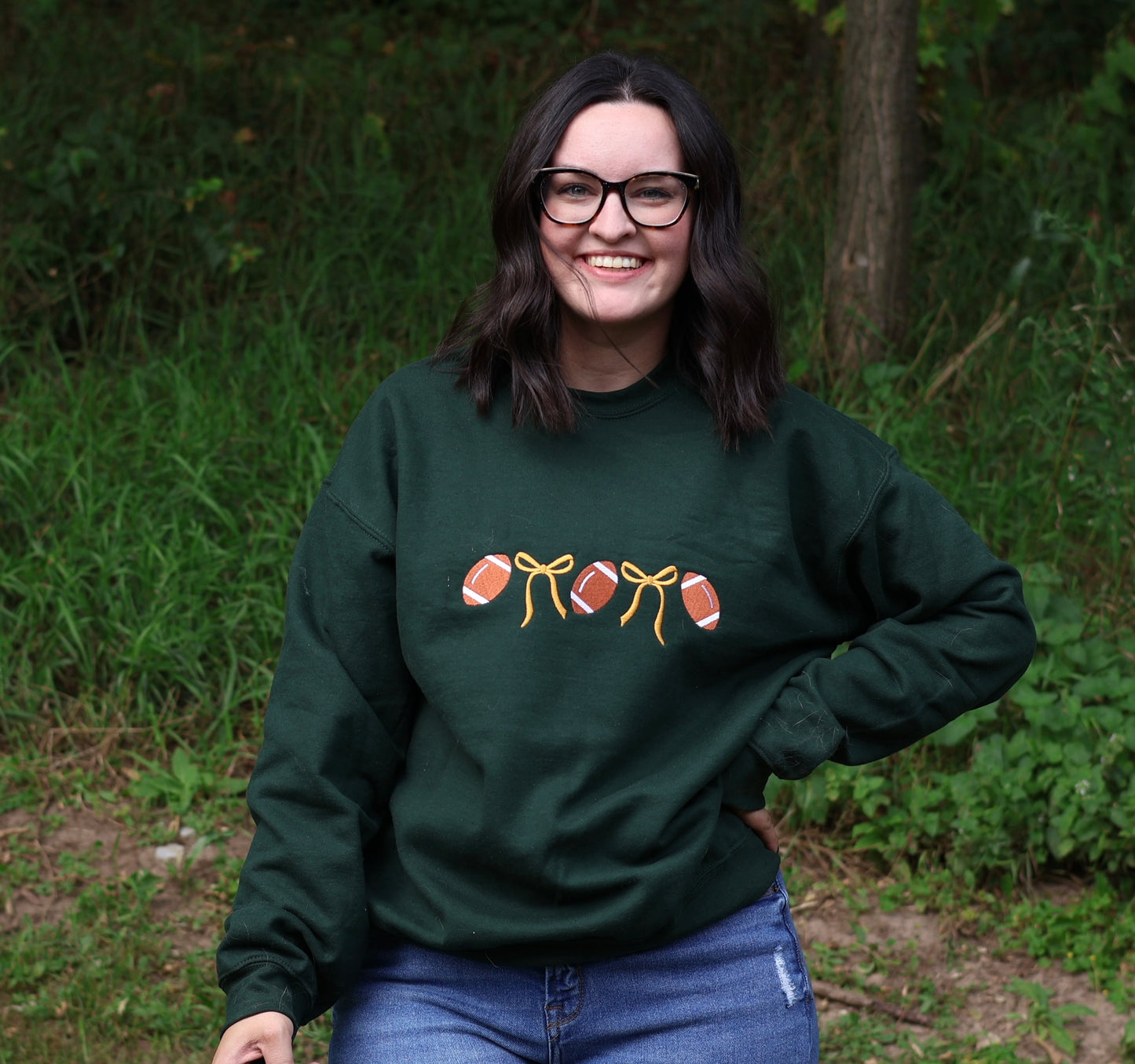 Green and Gold Bow Embroidered Crewneck Sweatshirt