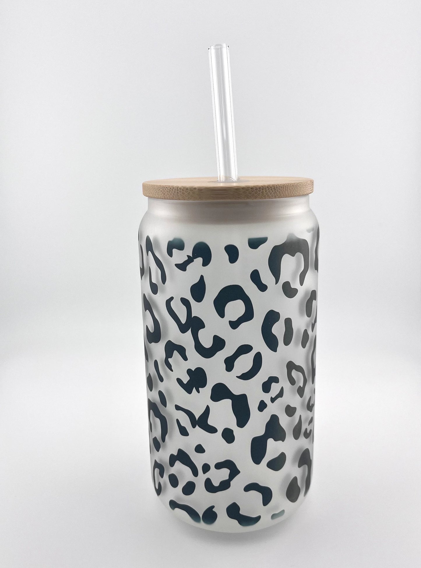 Leopard Print Frosted Ice Coffee Cup, 16oz Glass Soda Beer Can with Bamboo Lid and Straw, Gift for Her, Cheetah Print Tumbler, Glass Libbey
