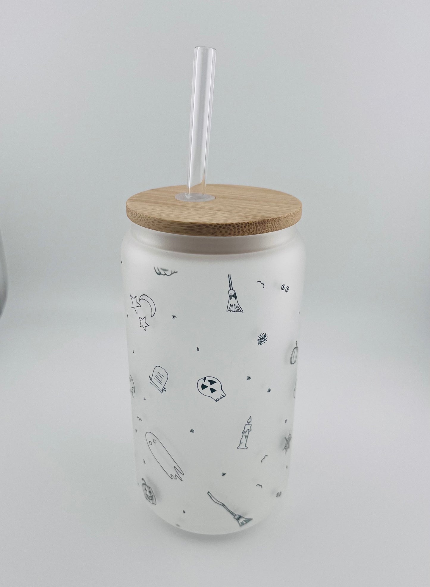16oz Halloween Glass Can with Lid and Straw