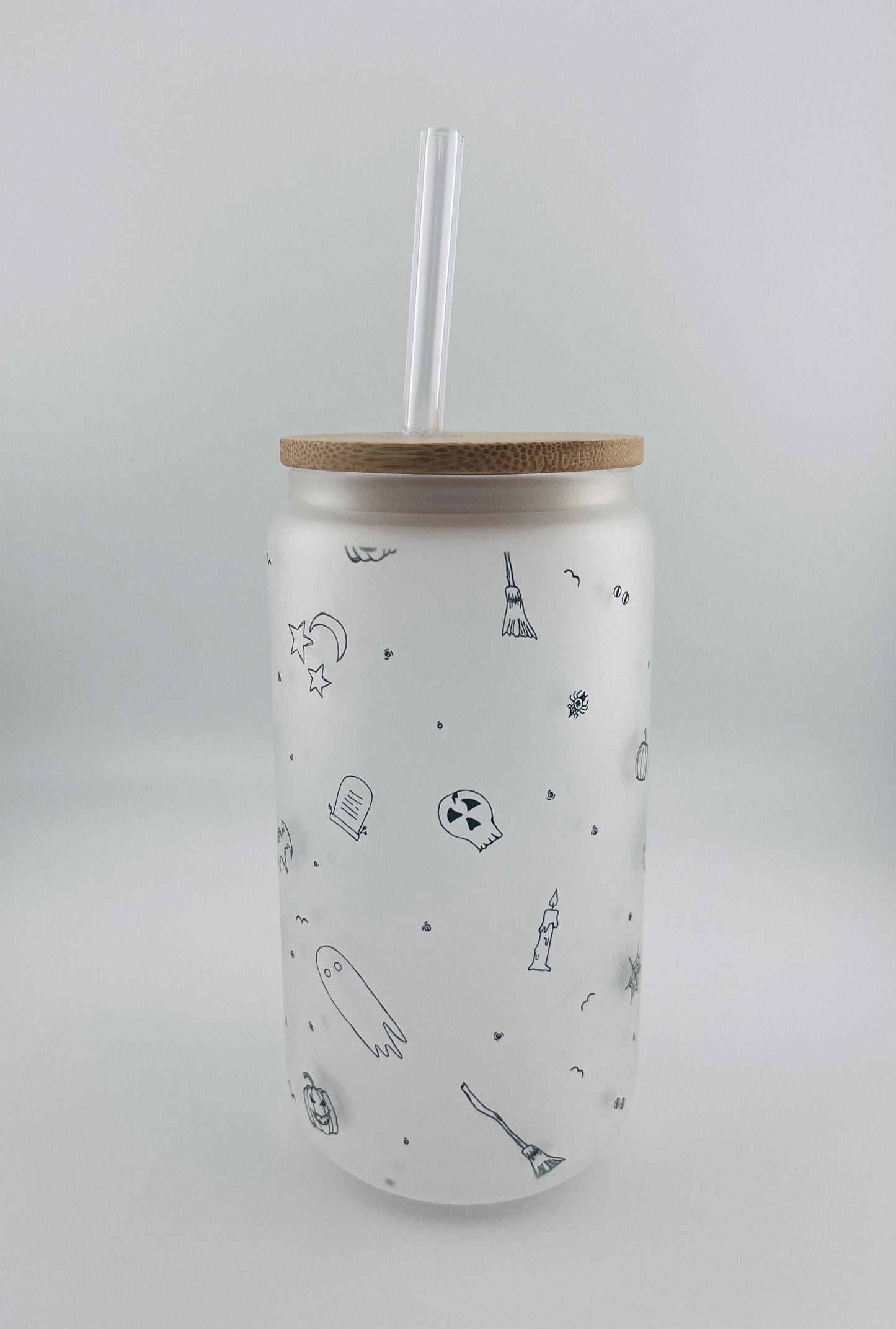 16oz Halloween Glass Can with Lid and Straw
