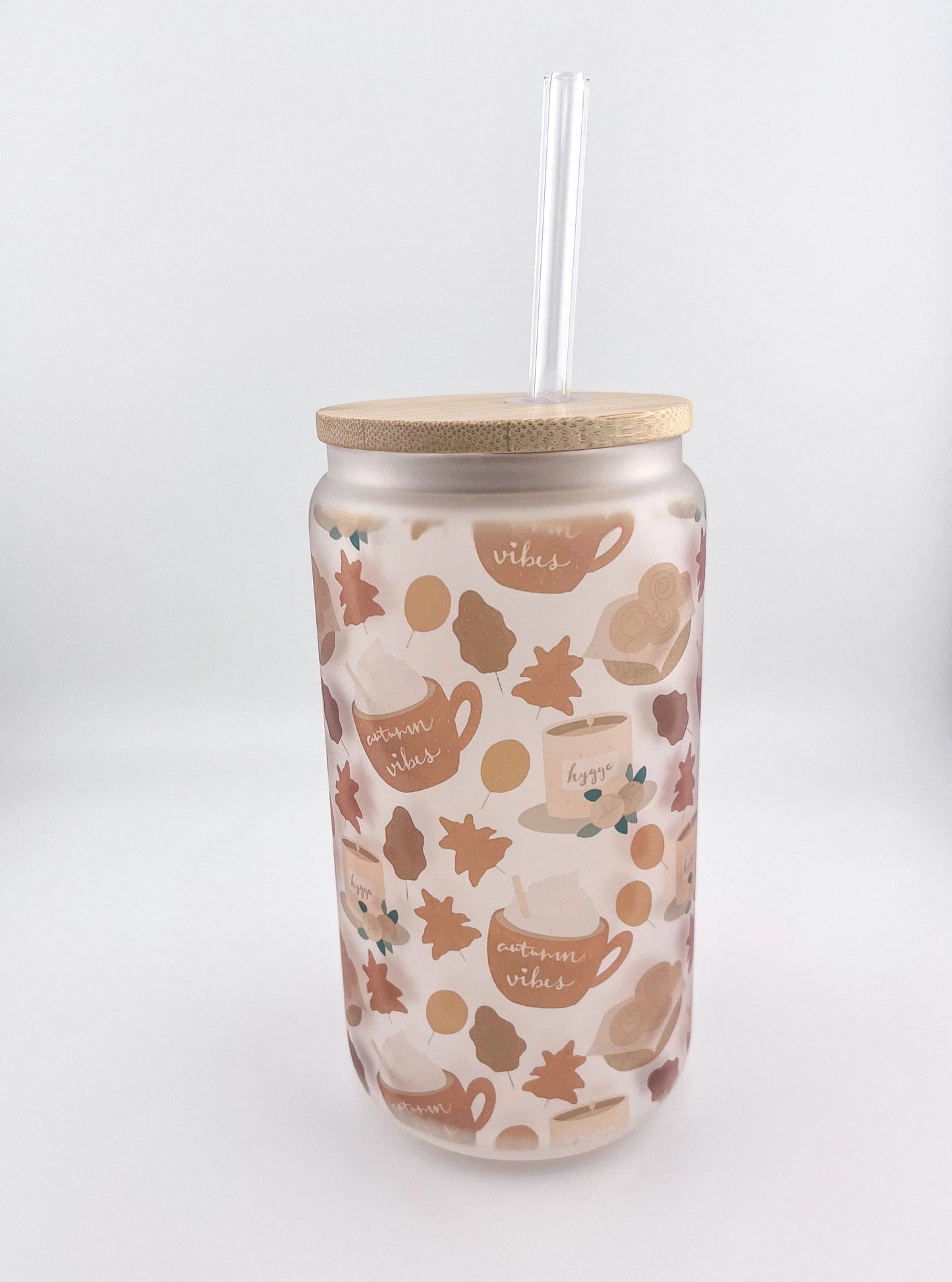 16oz Fall Glass Can Ice Coffee Cup with Bamboo Lid and Straw