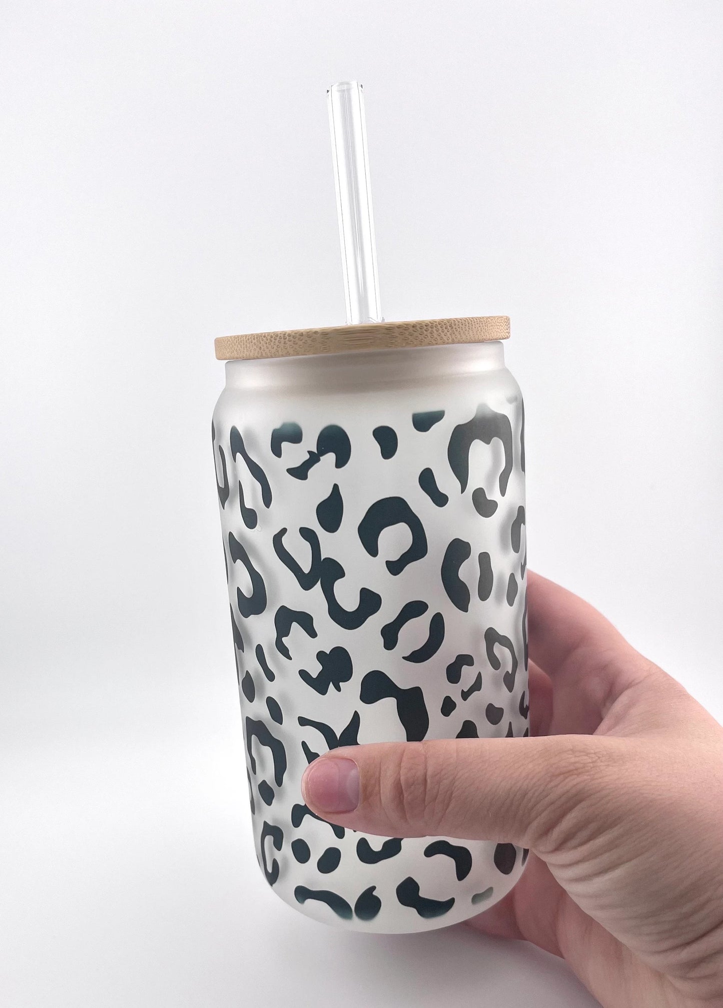 Leopard Print Frosted Ice Coffee Cup, 16oz Glass Soda Beer Can with Bamboo Lid and Straw, Gift for Her, Cheetah Print Tumbler, Glass Libbey
