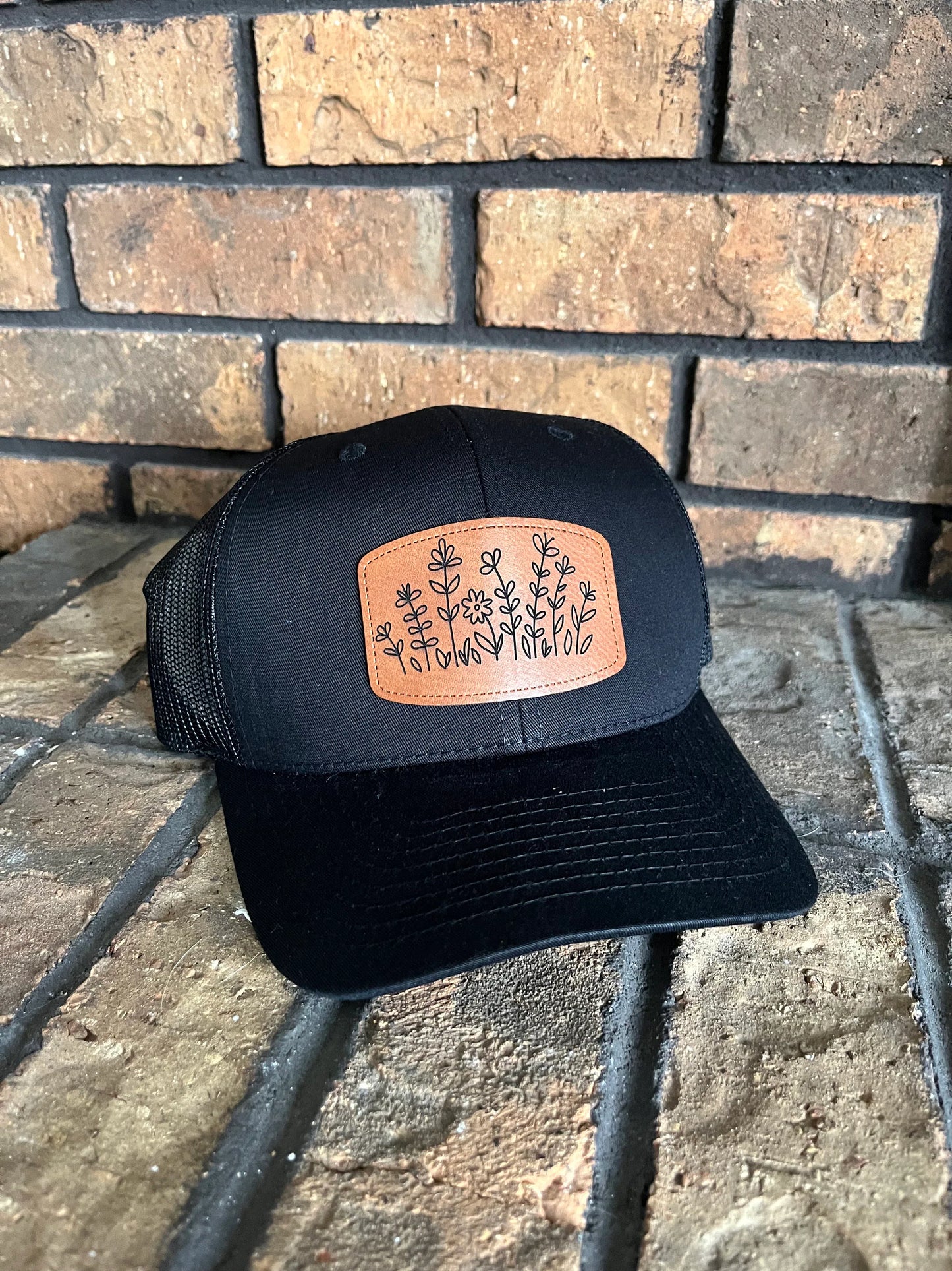 Trucker Hat with Engraved Leather Patch - Flowers