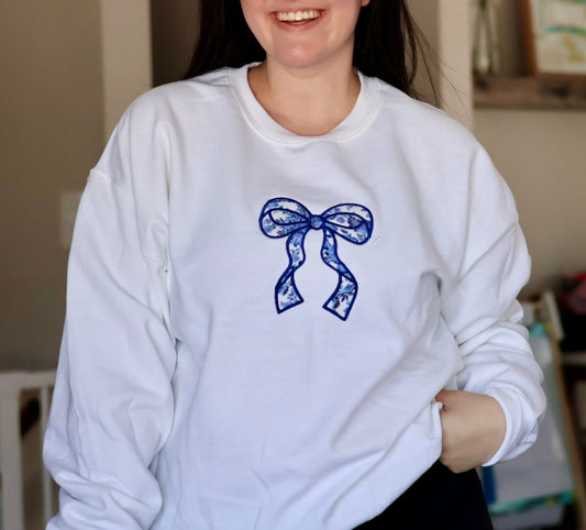 Blue and White Embroidered Bow Sweater