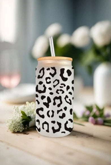 Leopard Print Frosted Ice Coffee Cup, 16oz Glass Soda Beer Can with Bamboo Lid and Straw, Gift for Her, Cheetah Print Tumbler, Glass  Libbey