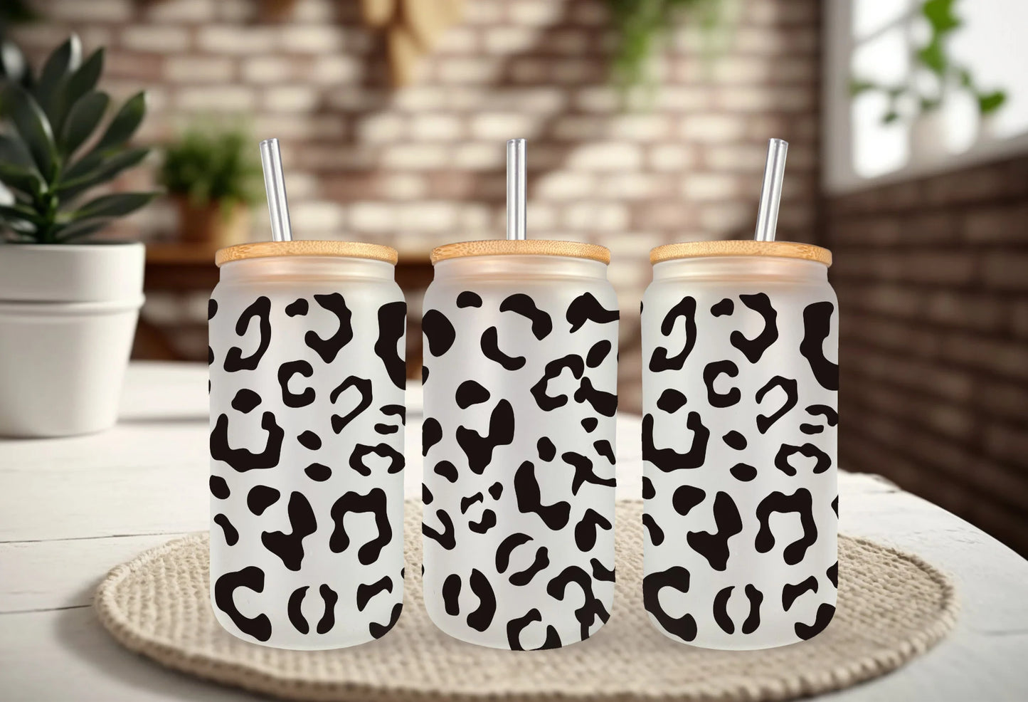 Leopard Print Frosted Ice Coffee Cup, 16oz Glass Soda Beer Can with Bamboo Lid and Straw, Gift for Her, Cheetah Print Tumbler, Glass  Libbey