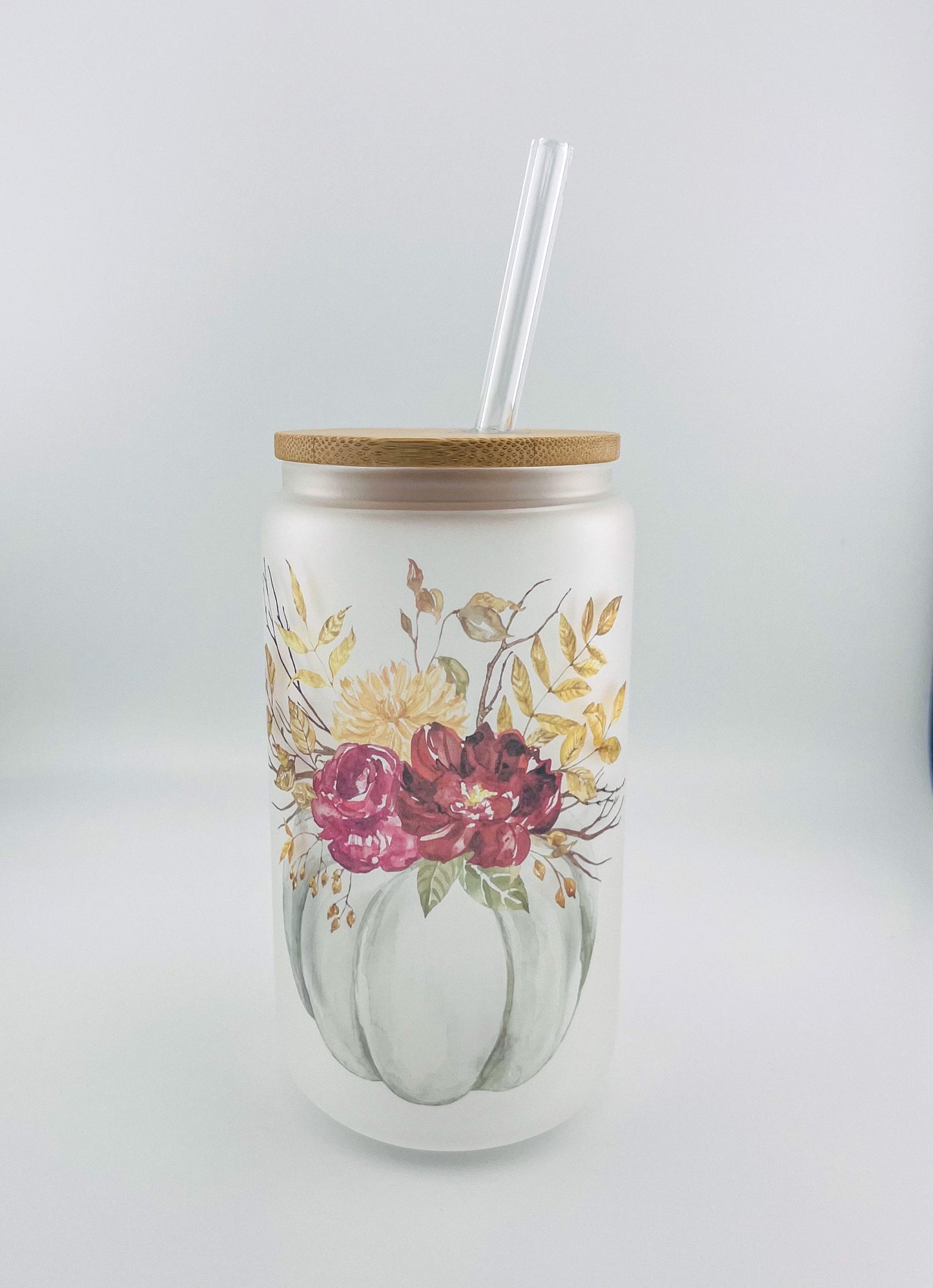 16oz Fall Glass Can with Bamboo Lid and Straw