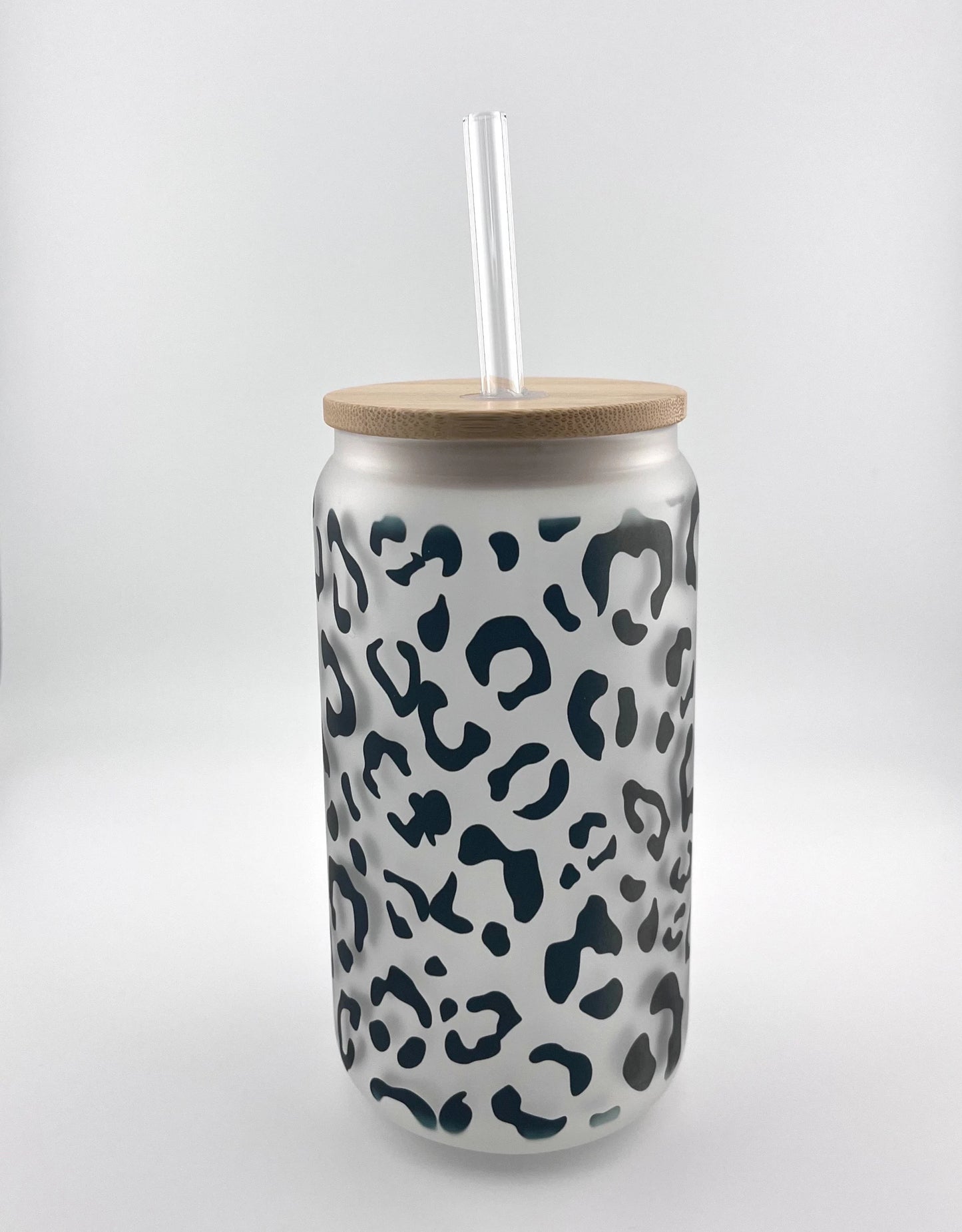 Leopard Print Frosted Ice Coffee Cup, 16oz Glass Soda Beer Can with Bamboo Lid and Straw, Gift for Her, Cheetah Print Tumbler, Glass  Libbey