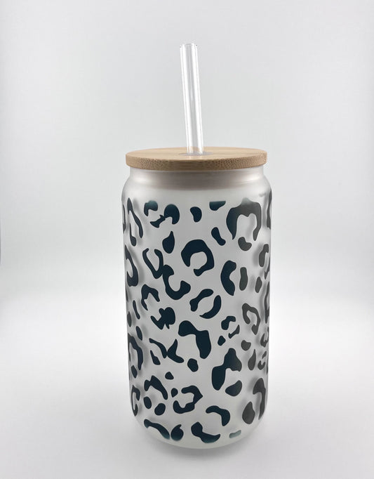 Leopard Print Frosted Ice Coffee Cup, 16oz Glass Soda Beer Can with Bamboo Lid and Straw, Gift for Her, Cheetah Print Tumbler, Glass  Libbey