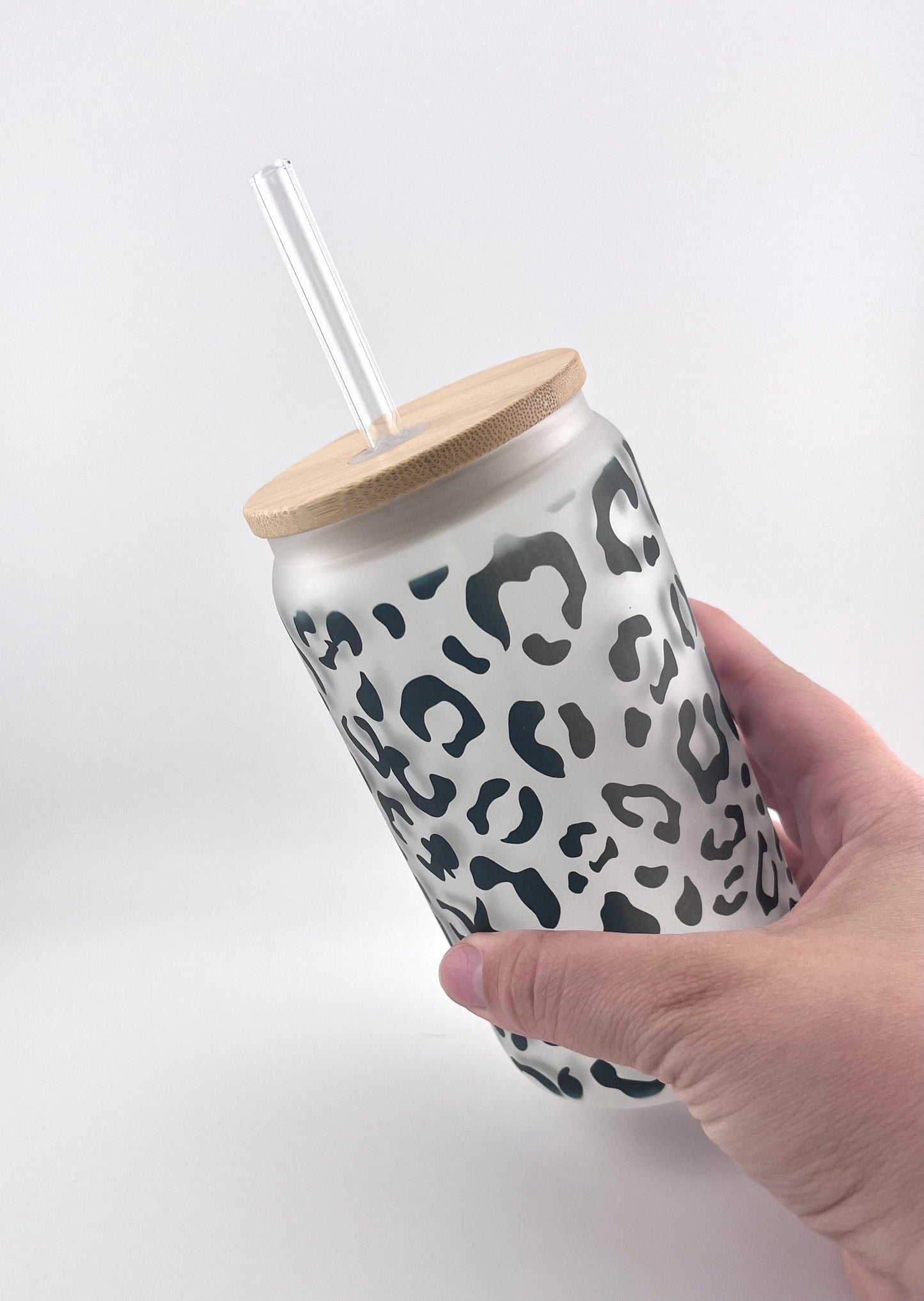 Leopard Print Frosted Ice Coffee Cup, 16oz Glass Soda Beer Can with Bamboo Lid and Straw, Gift for Her, Cheetah Print Tumbler, Glass  Libbey
