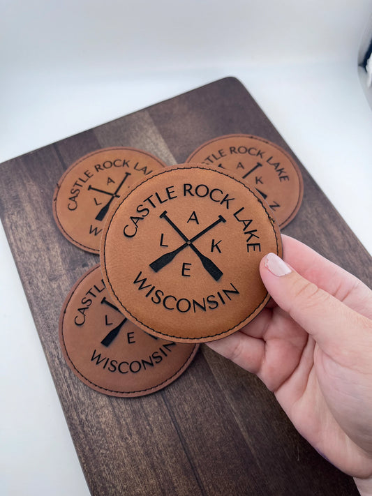 Leather Engraved Castle Rock Lake Coaster (Set of 4)