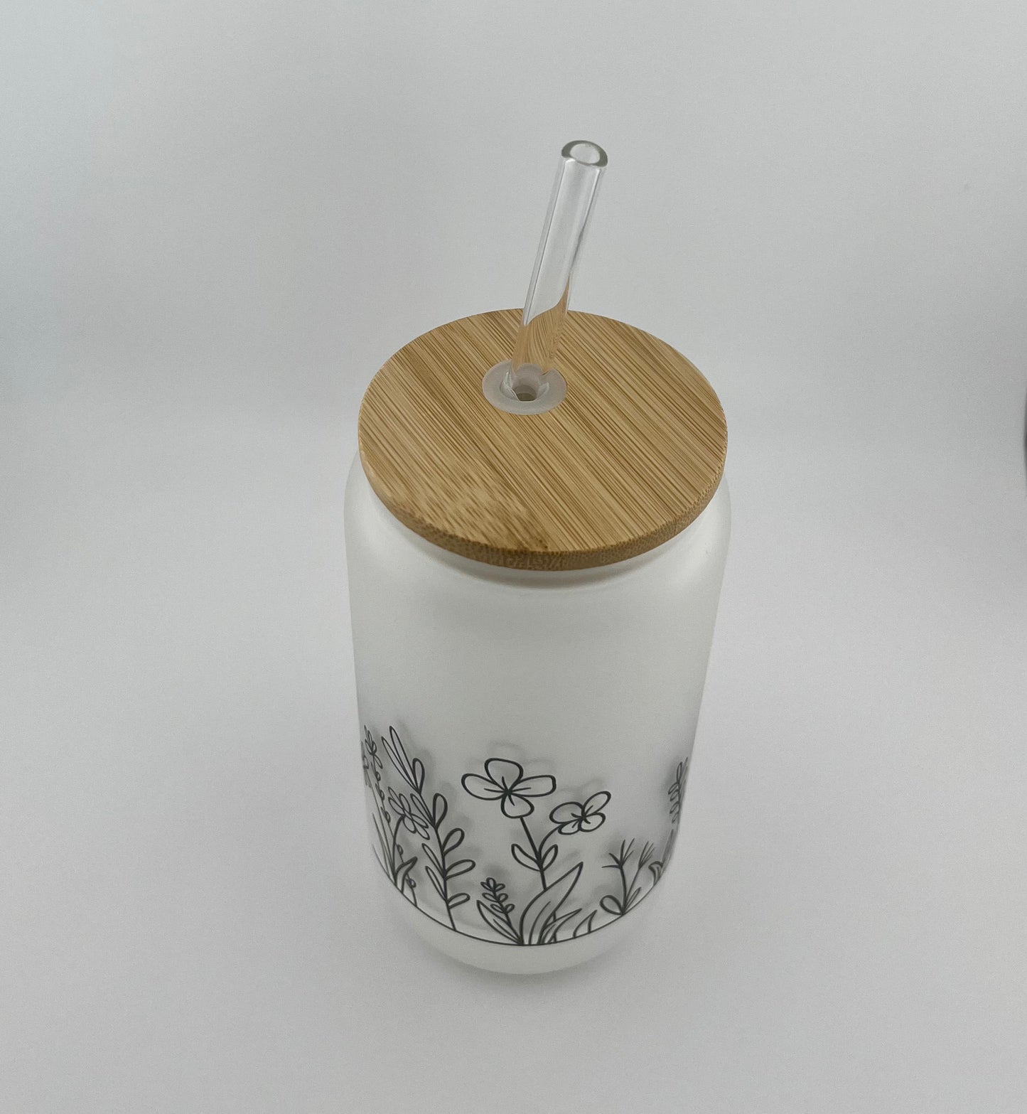 Flower Ice Coffee Cup, Flower Frosted Beer Can Glass with Bamboo Lid and Straw, 16oz Frosted Glass Tumbler, Gift for Teen, Gift for Her