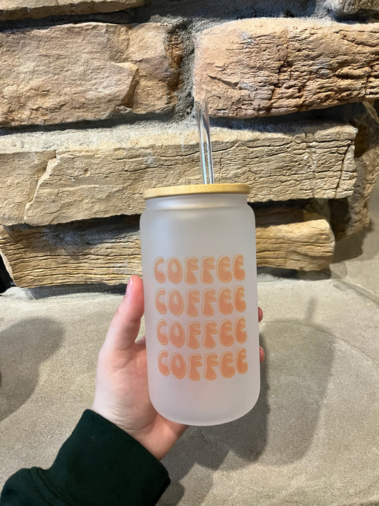 Coffee 16oz beer can glass with bamboo lid and straw