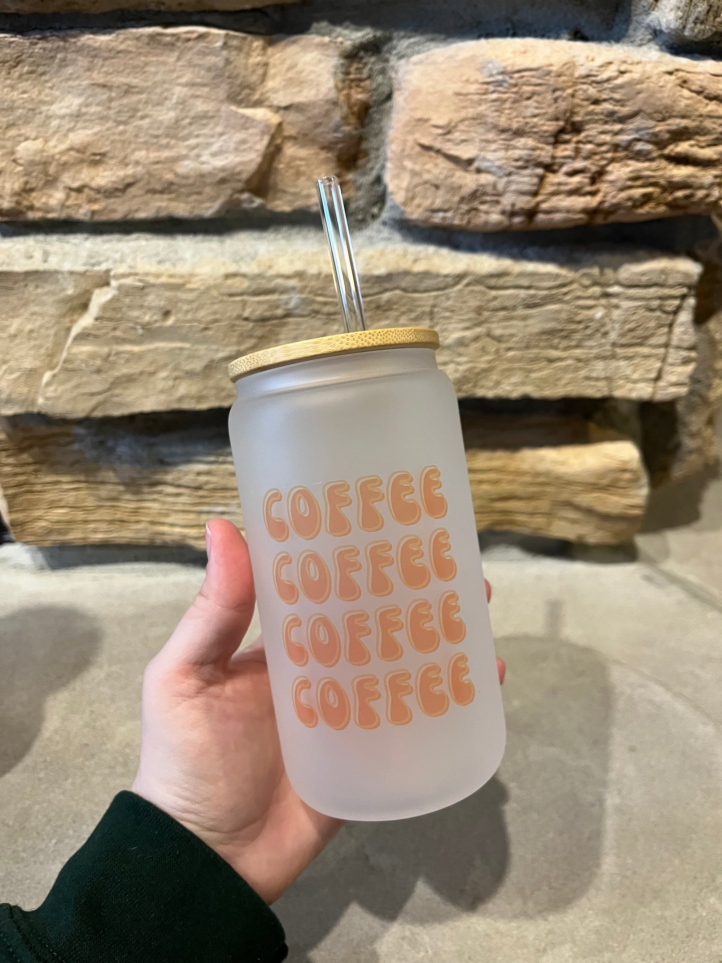 Coffee 16oz beer can glass with bamboo lid and straw